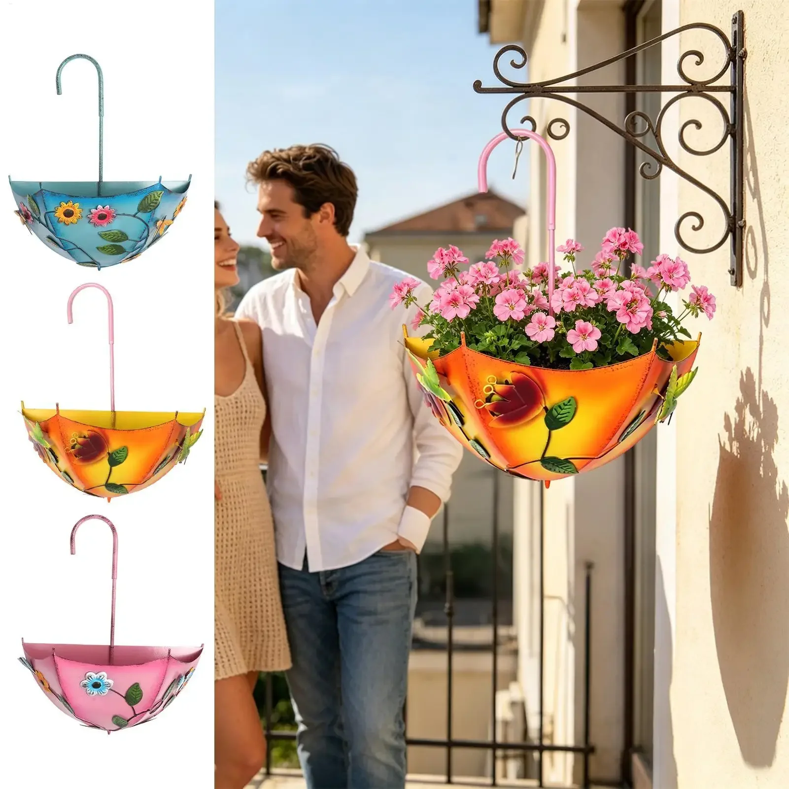 Metal Wall Planter Inverted Umbrella Style Garden Flower Pot Farmhouse Wall Planter With Drainage For Outdoor Garden Yard Patio
