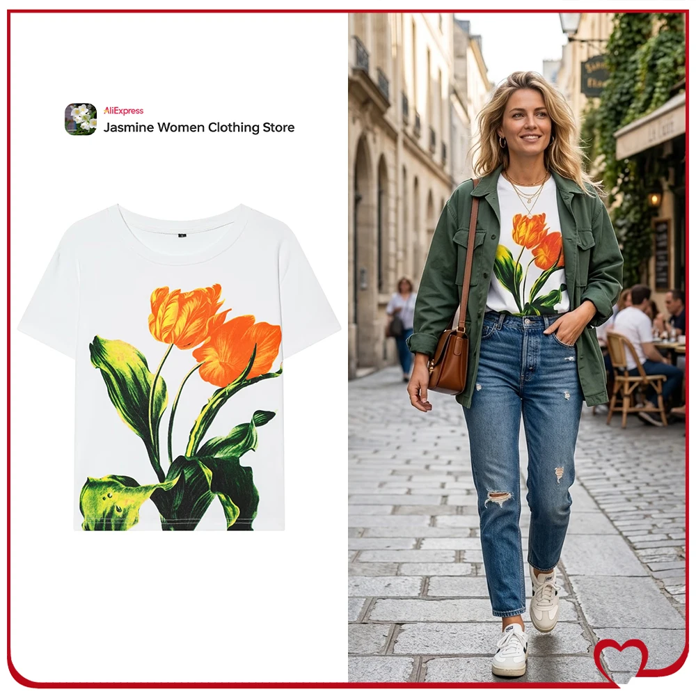 T-shirts en coton à manches courtes à imprimé floral élégant et chic pour femmes, nouveaux t-shirts décontractés à col rond avec imprimé floral contrasté