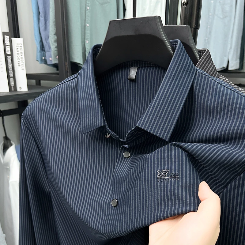 

Ice silk thin long sleeved shirt for men's new business casual striped fashion men's non ironing shirt for spring and autumn
