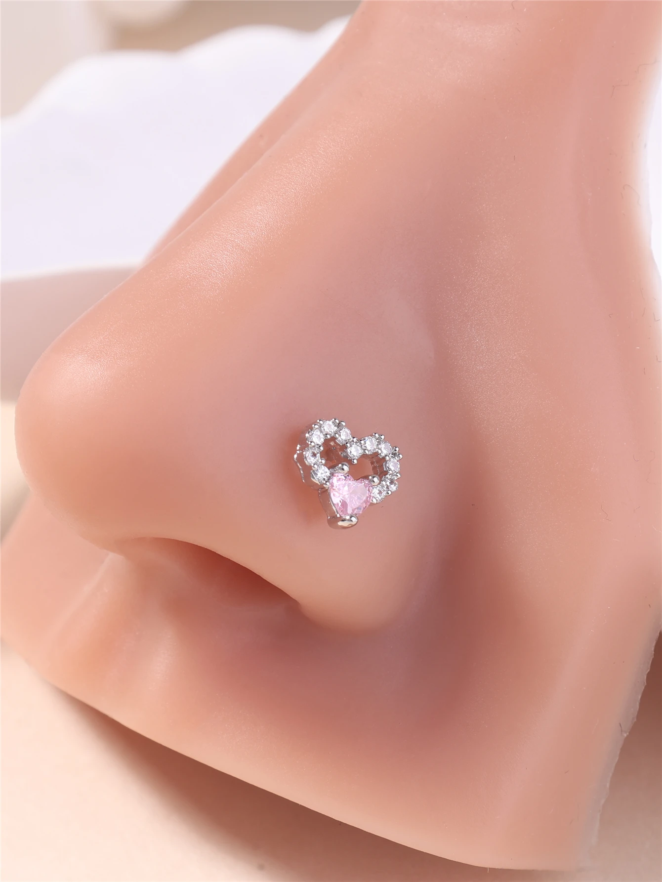 20G L Shaped Nose Studs Rings Cute Pink Heart CZ Love Stone Gold Silver Color Nose Piercing for Women Girl Nostril Jewelry