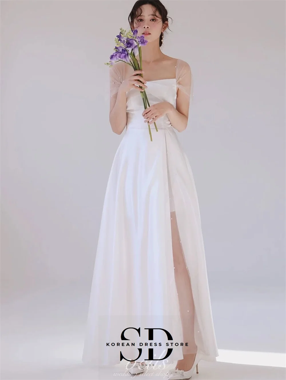 Sondr eenvoudige Koreaanse trouwjurken fotoshoot op maat gemaakte een lijn elegante bruiloft receptie jurk uit de schouder feestjurk