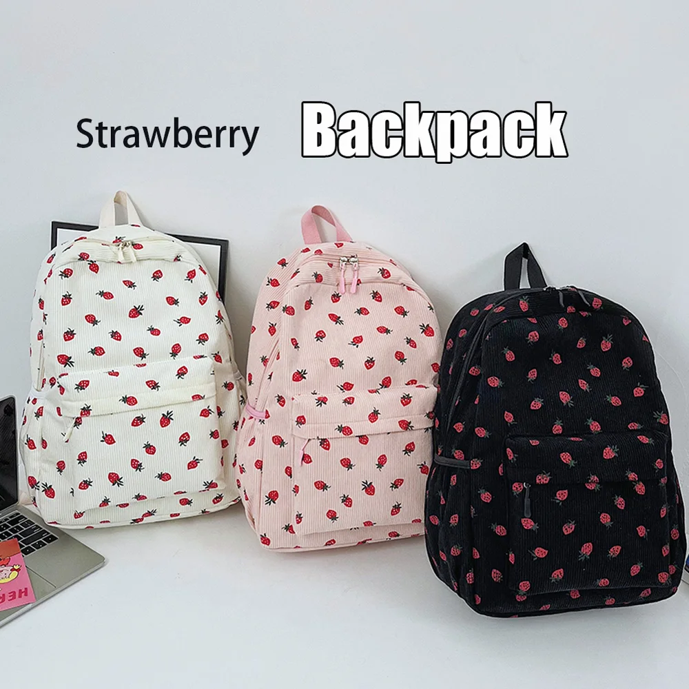 

Вельветовый рюкзак с клубникой, повседневный дорожный рюкзак, большой вместительный повседневный рюкзак с несколькими карманами, регулируемый ремень для женщин и девочек
