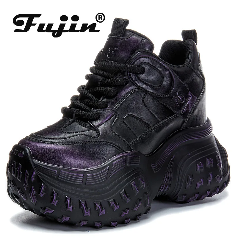 Fujin 12cm Microfiber Genuine Leather Chunky Sneakers Platform Wedge Spring Shoes Ankle Booties Women Vulcanize Fashion Autumn