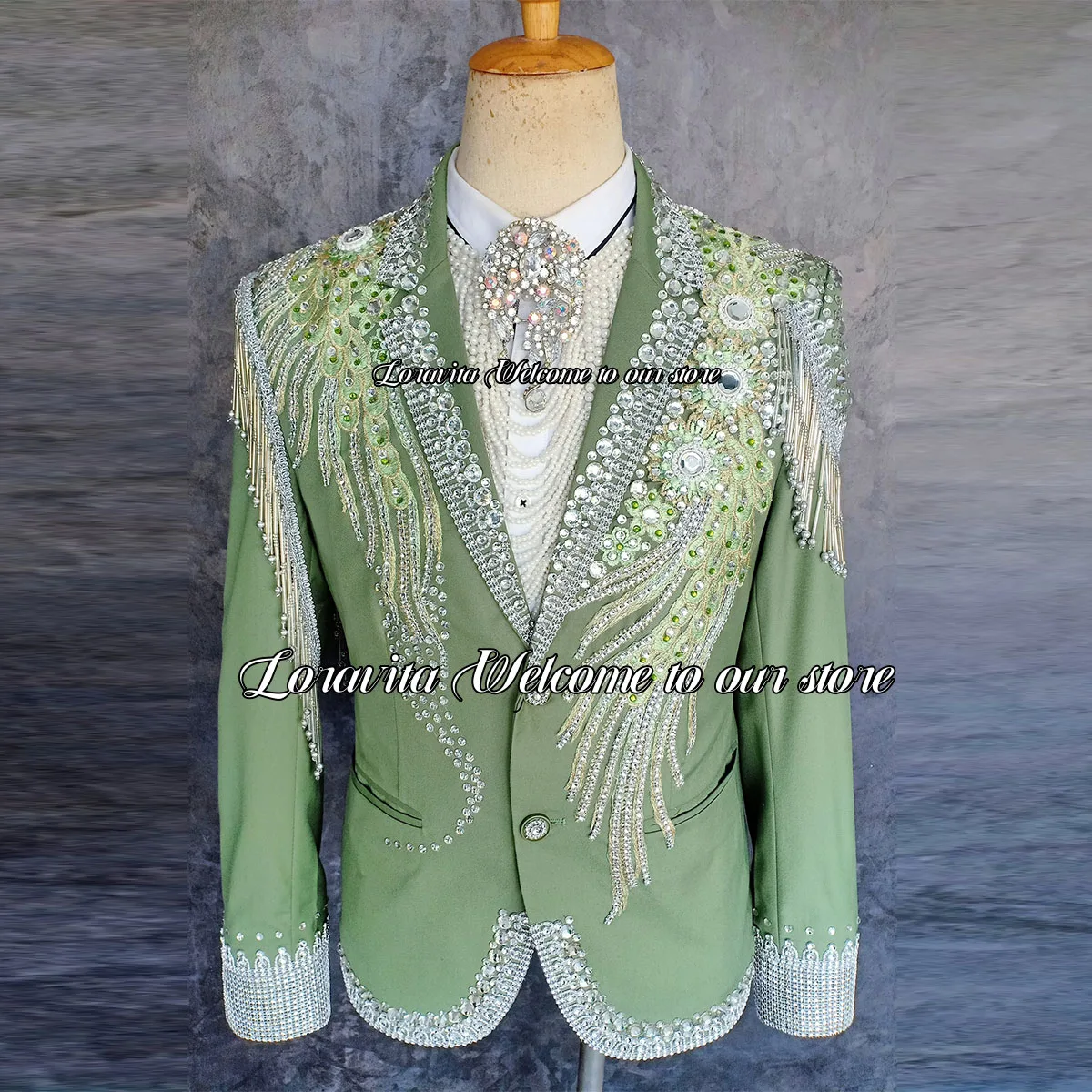 

Luxury Embroidery Sparkle Gem Male Prom Party Blazers 2 Pieces Sets Men Suits For Wedding Groom Tuxedos Slim Fit Costume Homme