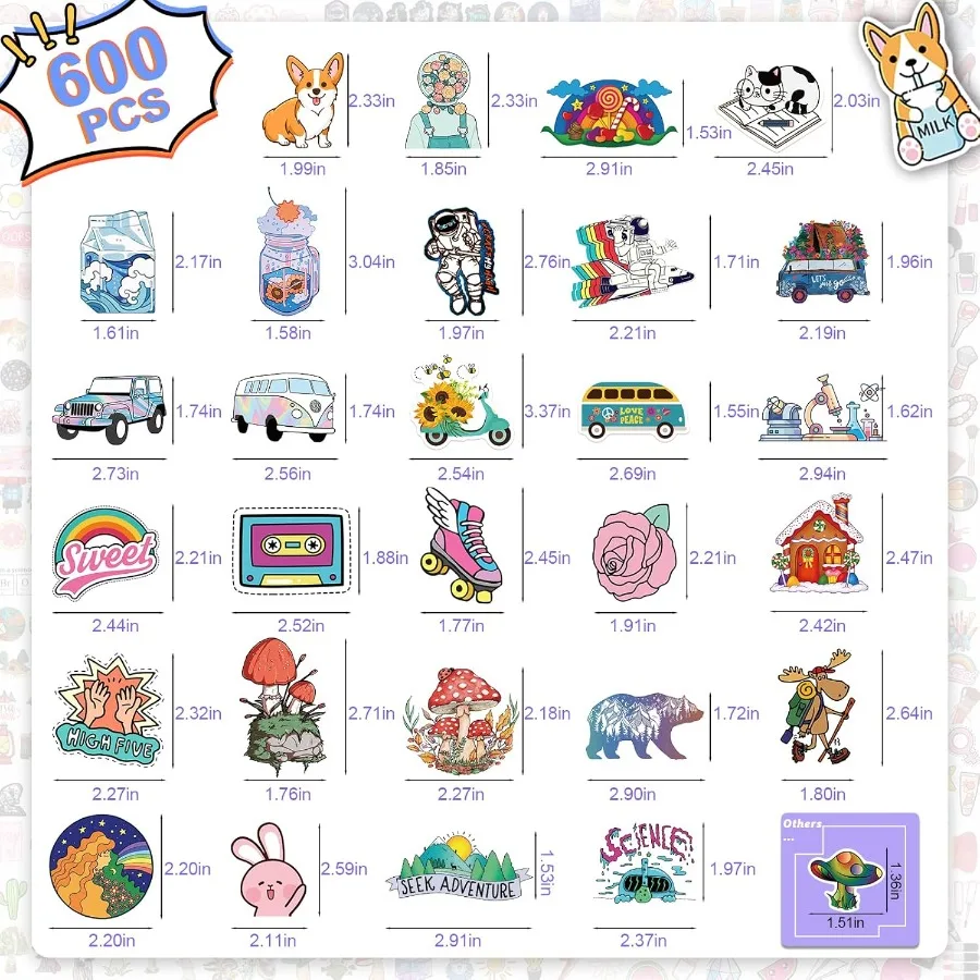 600 قطعة من ملصقات الفن الفنية اللطيفة المقاومة للماء لزجاجات المياه وألواح التزلج وأجهزة الكمبيوتر المحمولة وأجهزة الكمبيوتر المحمولة ملصق مثالي للديكور #3