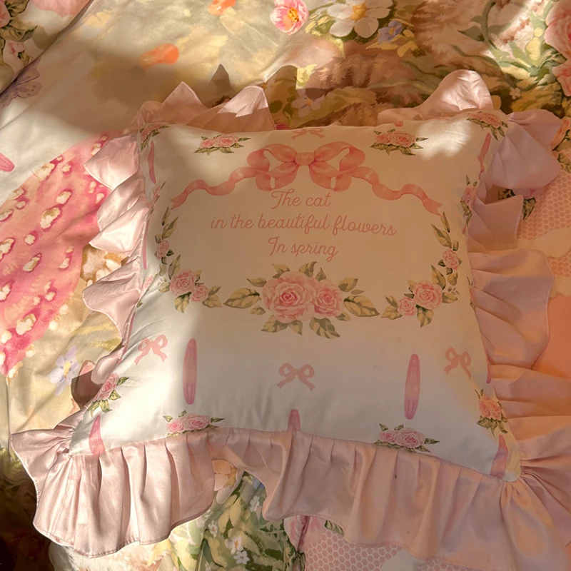 Square Pillow with Core Pink Rose Bowknot Sofa Cushion Girl\'s Lace Cushion Cotton Decorative Pillow for Bedroom and Living Room