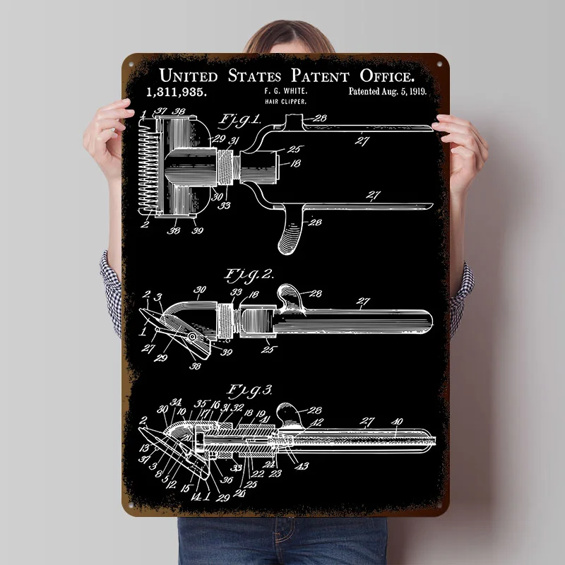 Hair Clipper Patent Drawing Metal Poster Customized Wall Art Retro Vintage Tinplate Signs for Decoration Garage Home Decor Items