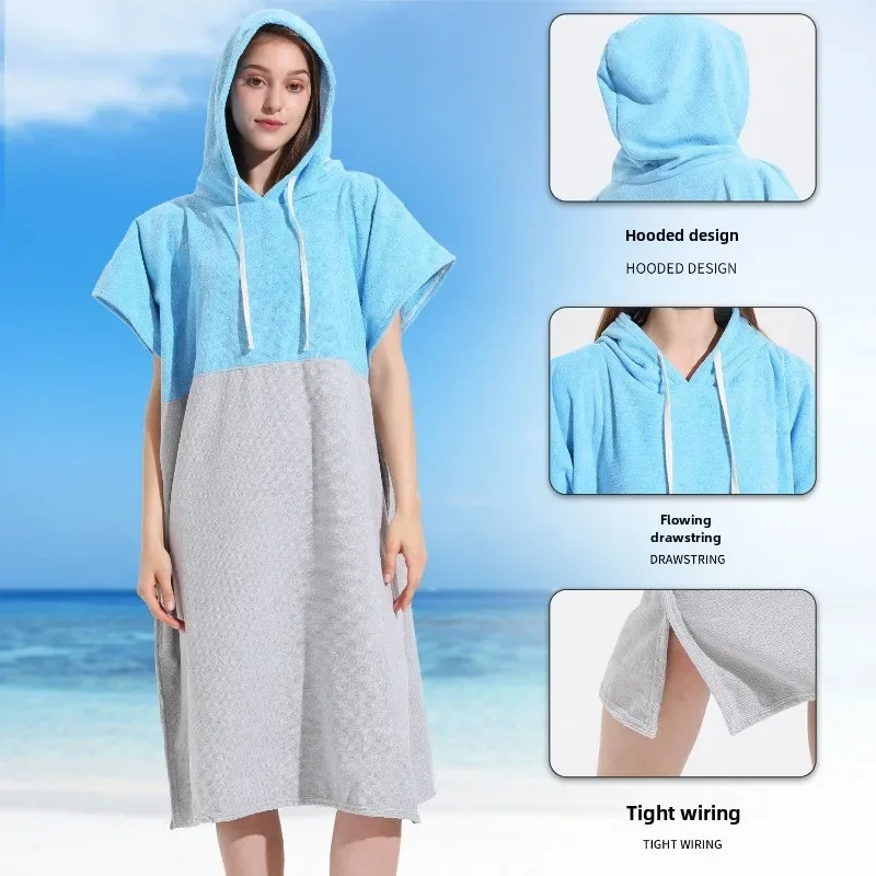 European and American Color-blocked Microfiber Terry Change Bathrobe, Beach Surfing and Swimming Thickened Warm Adult Beach Cape