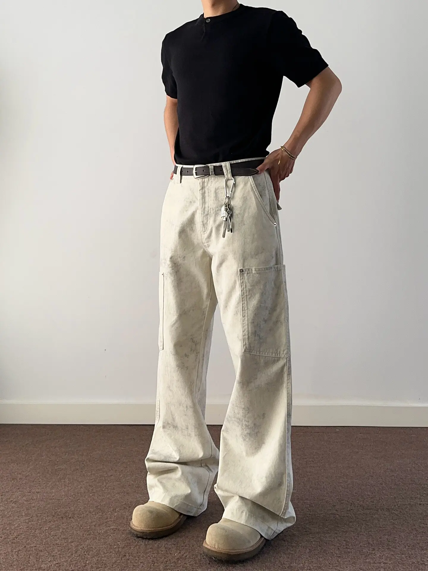 

Мужские джинсы American Sle Casual свободного кроя с прямыми штанинами, с множеством карманов, рабочие, из денима, со средней посадкой, на молнии