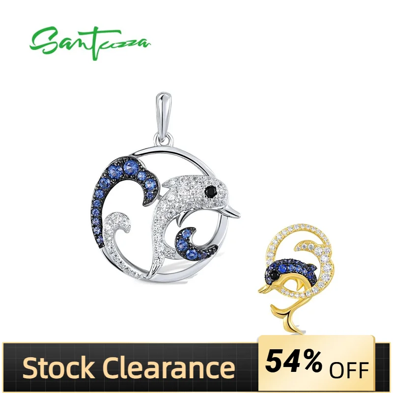 SANTUZZA 925 Sterling Silver Pendant For Women Sparkling Black Spinel Blue White CZ Dolphin Delicate Chic Ocean Fine Jewelry