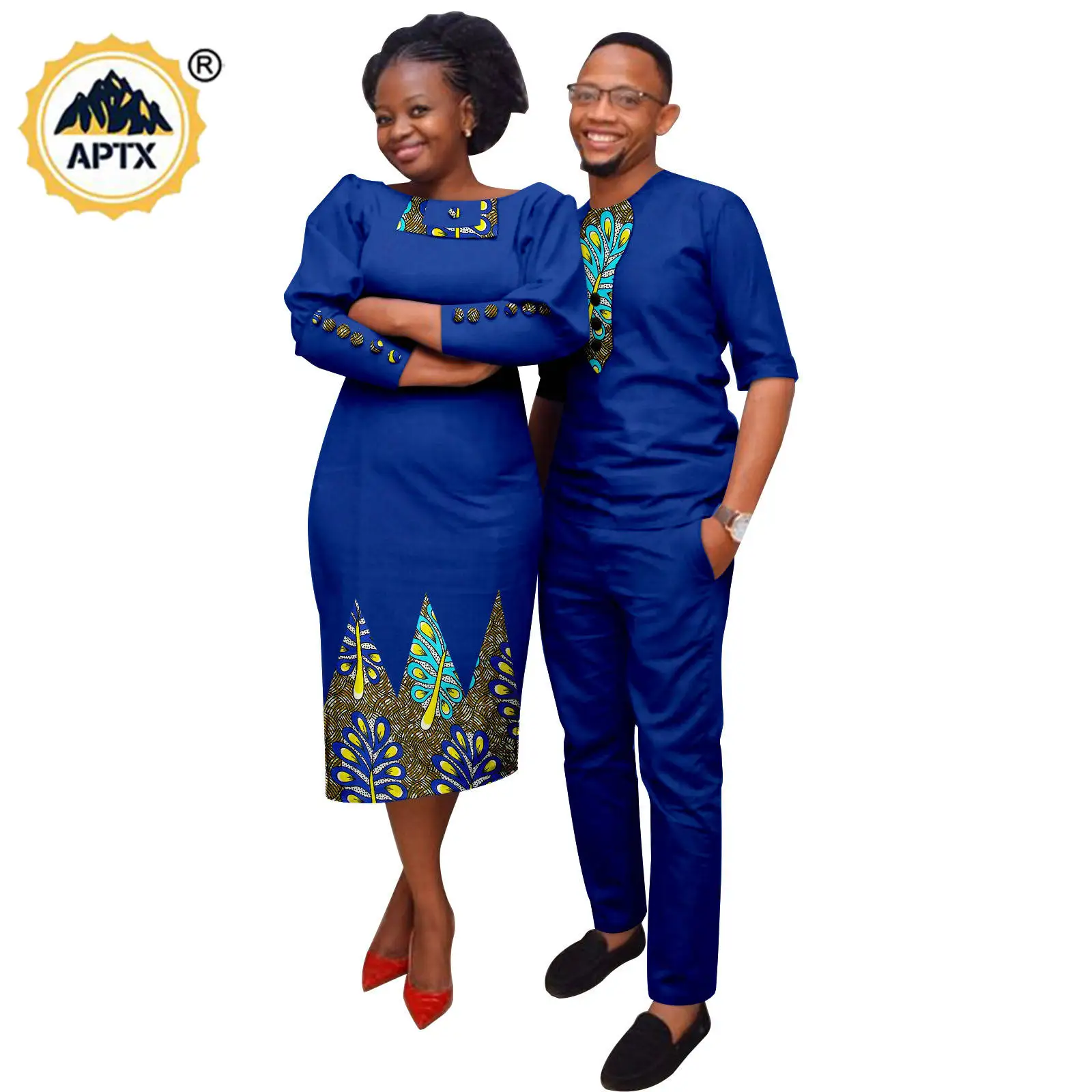 African Appliques Dresses for Women Matching Couple Outfits Dashiki Men Clothes Bazin Riche Top and Pant Sets Wedding  24C050