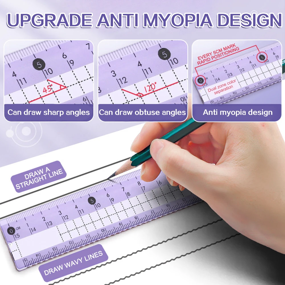 8PCS Maths Set Geometry Set For Secondary School Protractor-Compass Set Prevent Myopia Clear Dual Color For Students Supplies