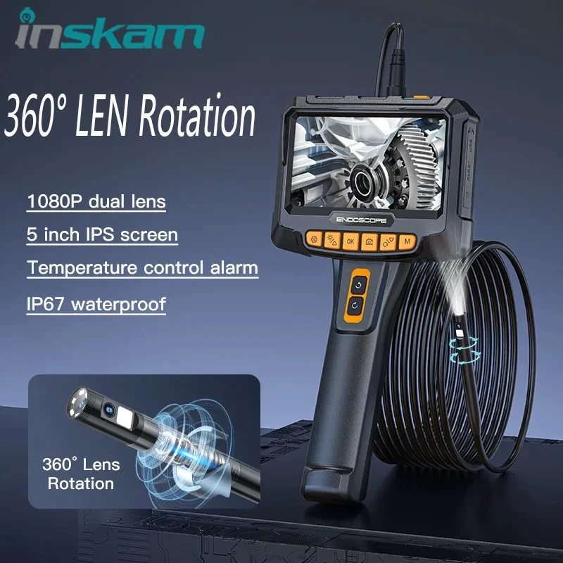 INSKAM 360° Rotation Dual lens 5 inches Borescope 8mm 1080P Full HD IP67 Waterproof Industrial Endoscope Camera For Car Engine