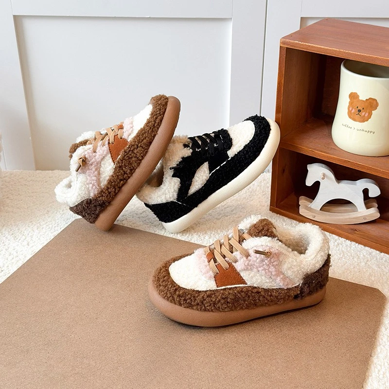 Children's Plush Shoes Winter Hot Sale Girls Fashion Causal Shoes Thick Bottom Patchwork Kids Outdoor Warm Cotton Shoes Non-slip