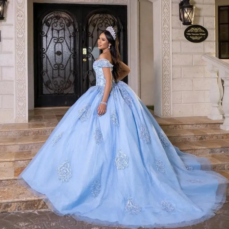 

Customized Shiny Blue Quinceanera Dress Ball Gown Lace Applique Beaded Cystal Dresses Sweet 16 Vestido De 15 Anos