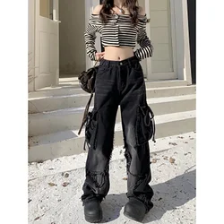 Vintage Cargo Jeans Women High Street Design Loose Thin Straight Trousers Raw Edge Gradient Versatile Denim Pants Female