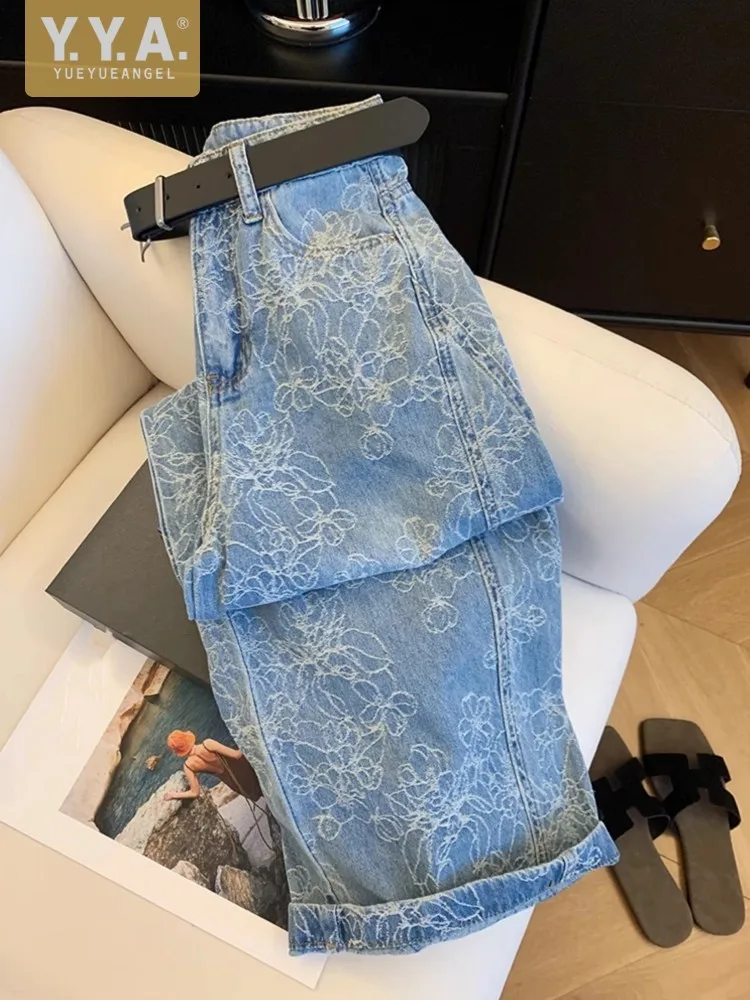 Designer Elegant Women New Loose Fit Embroidery Jeans High Waist Wide Leg Pants Denim Pants Trousers Fashion Ladies Office Work