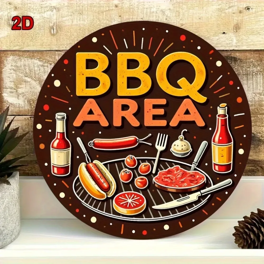 Vintage BBQ Area Tin Sign, Round Colorful Metal Wall Art with Hot Dog & Grill, Outdoor Kitchen & Man Cave Decor