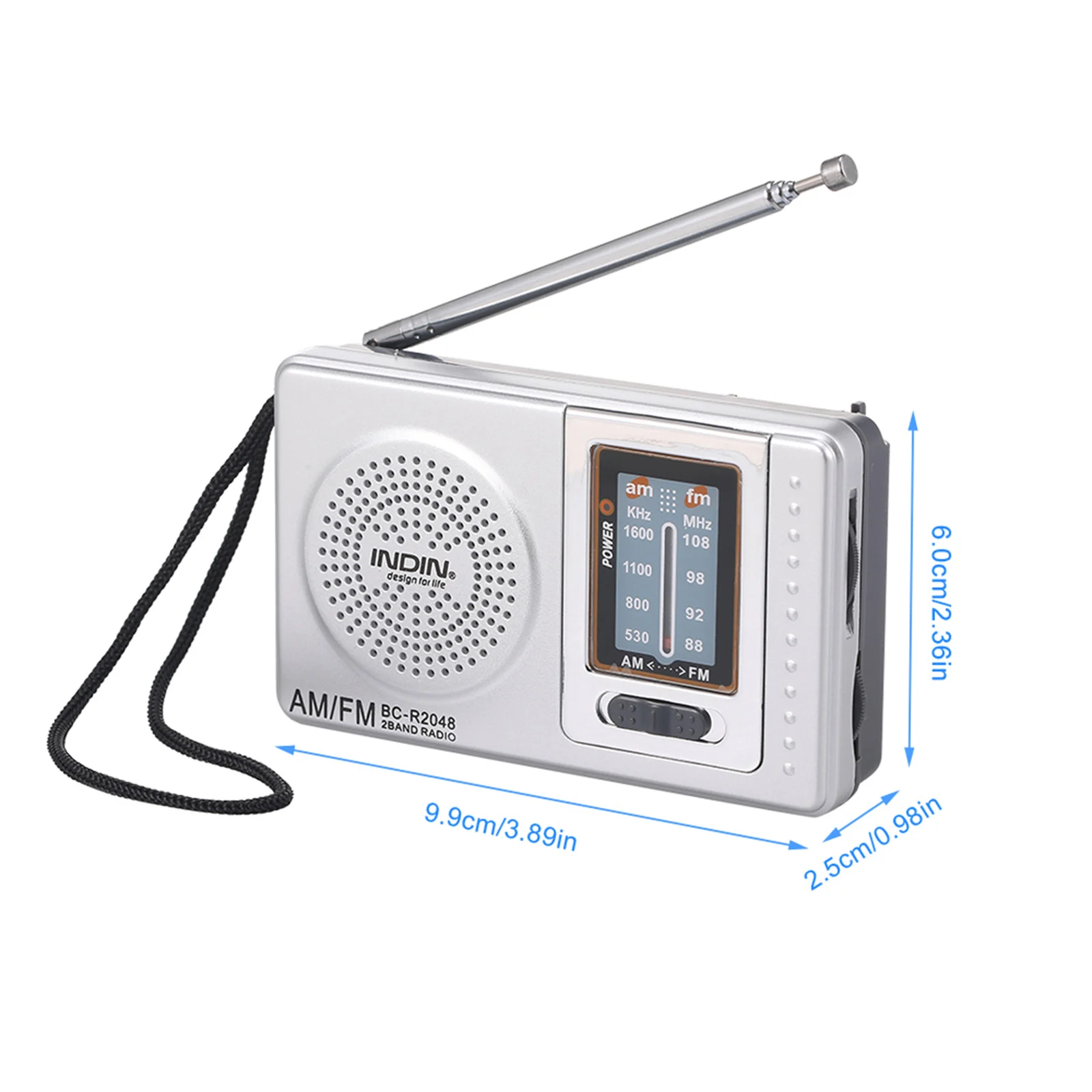 INDIN BC-R2048 Mini AM FM Radio 2 Band Radio Receiver Portable Pocket Radio Built-in Speaker Headphone Jack Telescopic Antenna