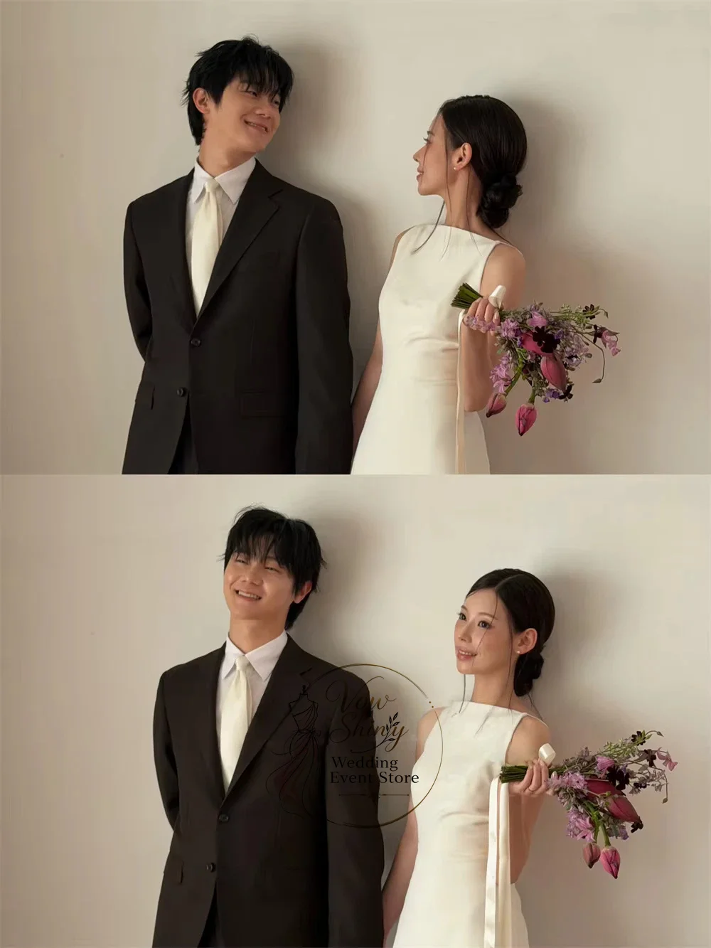 Vow Shiny Simple Ivory Wedding Dresses Korea Photo Shoot Boat Neck Sleeveless Long Pleat Bridal Gowns Zipper Customized
