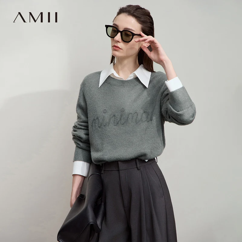 

Женский свитер AMII, осень 2023, новинка вязаной женской одежды с длинными рукавами, свободный повседневный пуловер, универсальные топы, женские 12553093