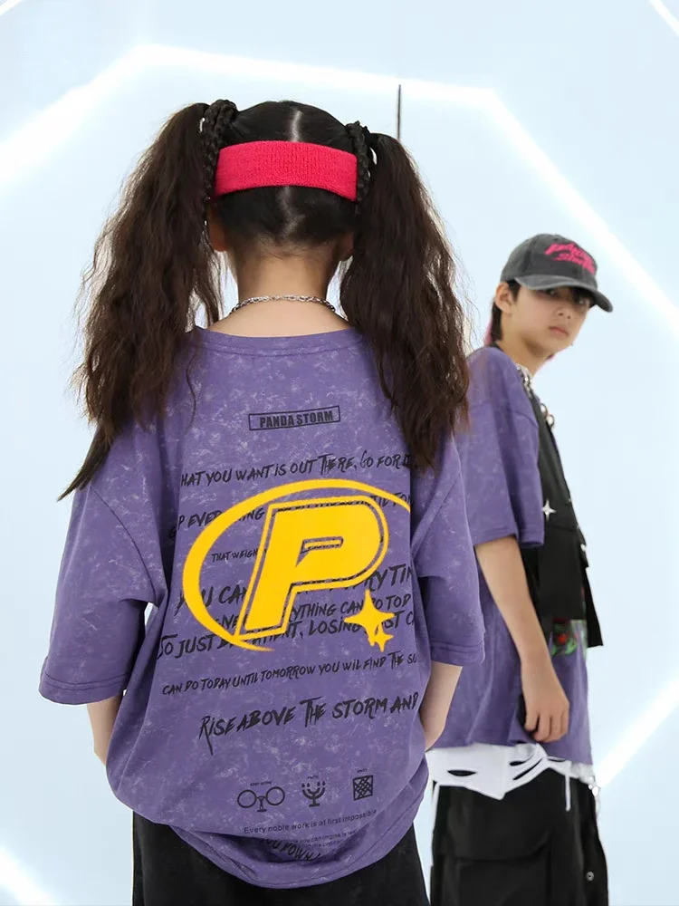 Moda niños ropa de calle trajes de Hip Hop niños púrpura camiseta suelta pantalones holgados conjuntos adolescentes niños Jazz danza ropa de escenario