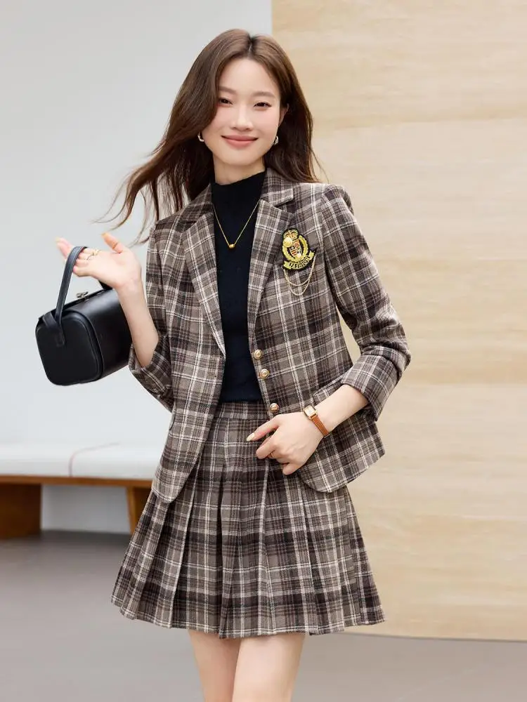

Autumn Winter Women Brown Grey Plaid Elegant Long Sleeve Single Breasted Blazer Coat And High Waist Pleated Skirt Two-piece Sets