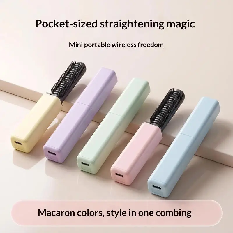 1Set USB Charging Mini Straight Hair Brush Heated Wireless Bangs Comb Hair Styling Iron Stick