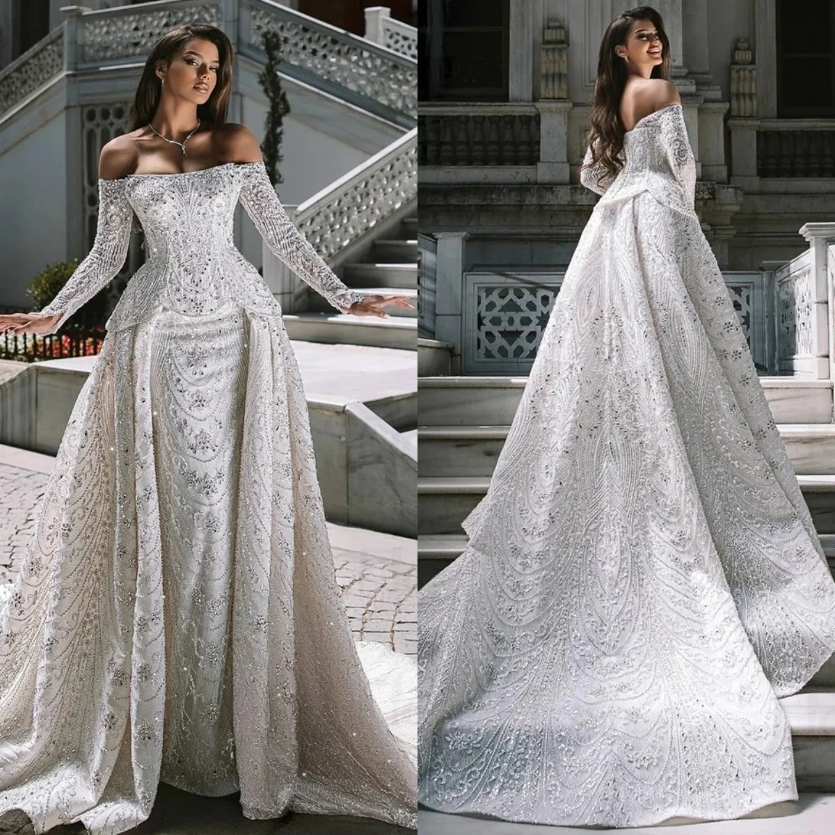 

Elegant Wedding Dresses Off Shoulder Beading Bridal Gowns with Overskirt Sequins Rhinestone Mermaid Customized Vestidos De Novia