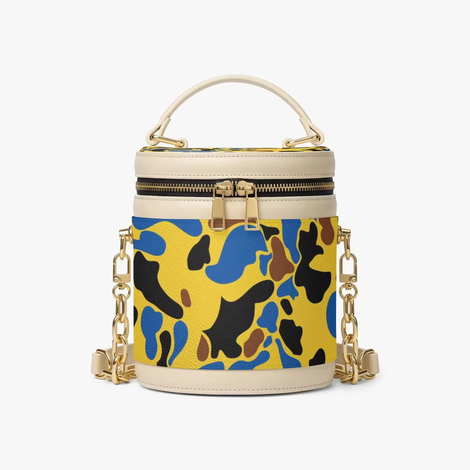 Ladies Small Cylindrical Bucket Bag Rainbow Camo Pattern Custom Printed PU Leather Top Handle Chain Crossbody Shoulder Handbag