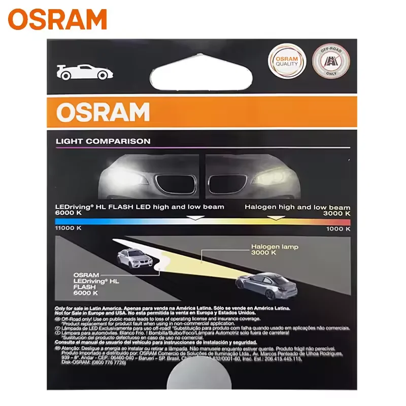 OSRAM LED Essential H4/H19 P43t/PU43t 12V 6000K White LEDriving HL FLASH Hi/Lo Beam 1:1 Small Design Bright LED Headlight Bulbs