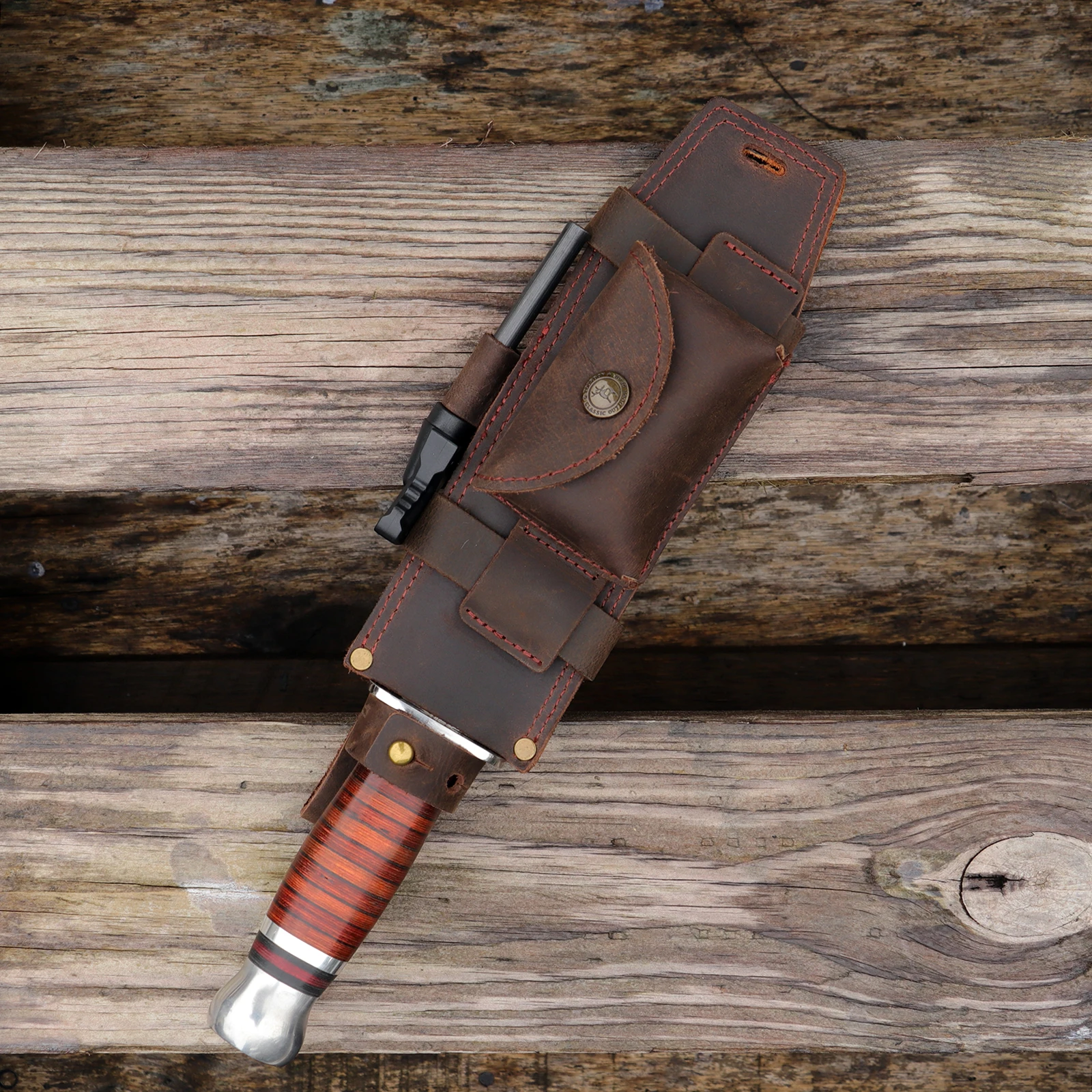 Tourbon Camping-Ledermesserhülle Jagd-Mehrzweck-Festklingentasche mit Feuerstarter-Schlitz für Gürtel (ohne Messer) – Detail 11
