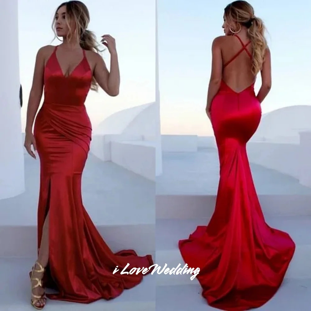 Red V-Neck Evening Dresses 2025 Halter Sleeveless Mermaid Backless Side Split Floor-Length Pleated Wedding Party Dress Customize