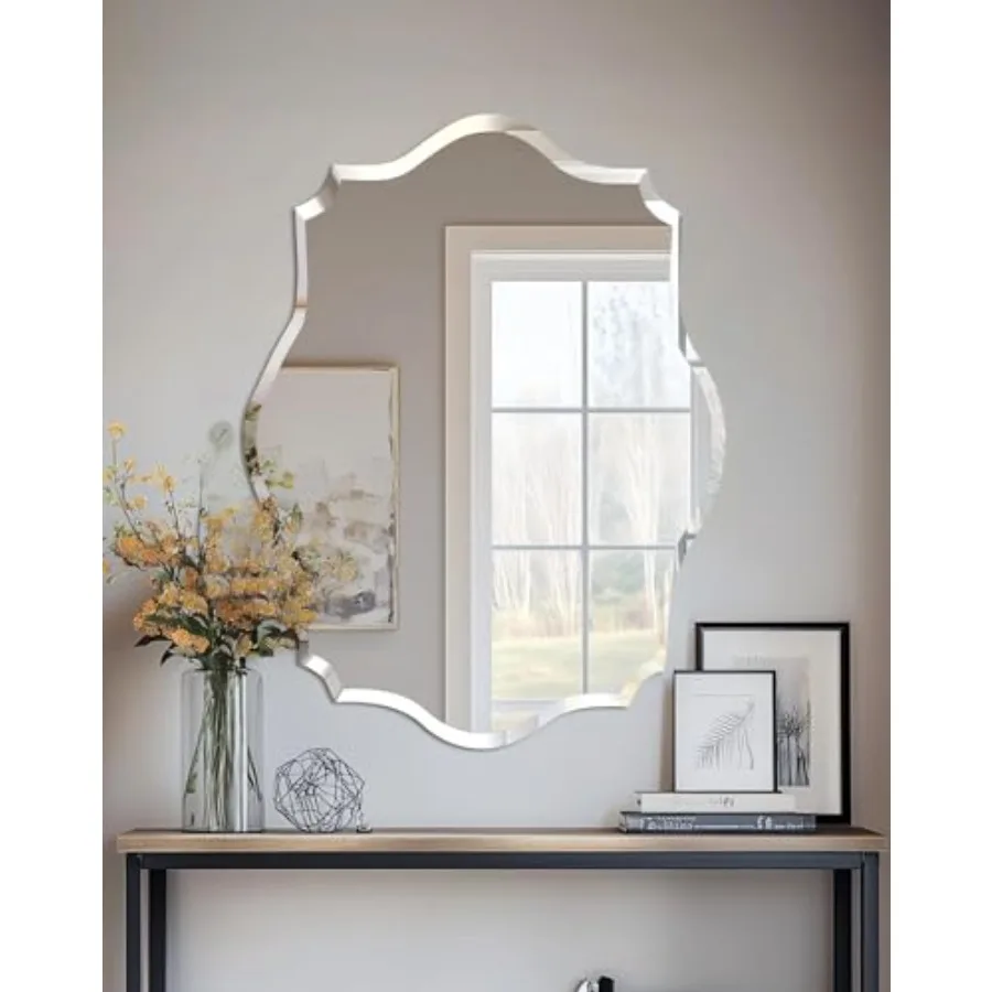 

Frameless Scalloped Wall Mirror: Decorative Scallop Oval Mirrored Glass Vanity with Beveled Silver Edge for Bathroom Bedroom Li