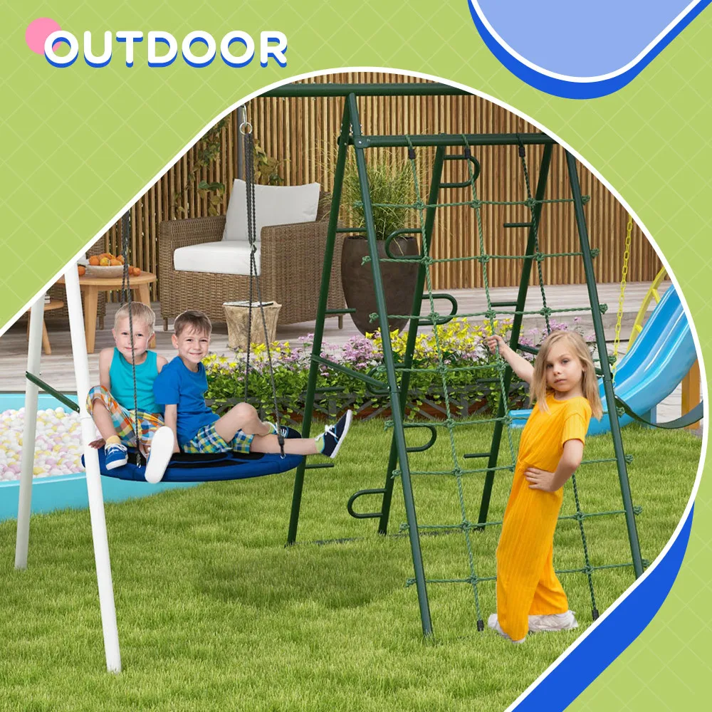 528 lbs Swing Set for Backyard, 5 in 1 Heavy-Duty A-Frame Stand Outdoor Playset for Kids, with Saucer Swing, Slide, Swing Seats