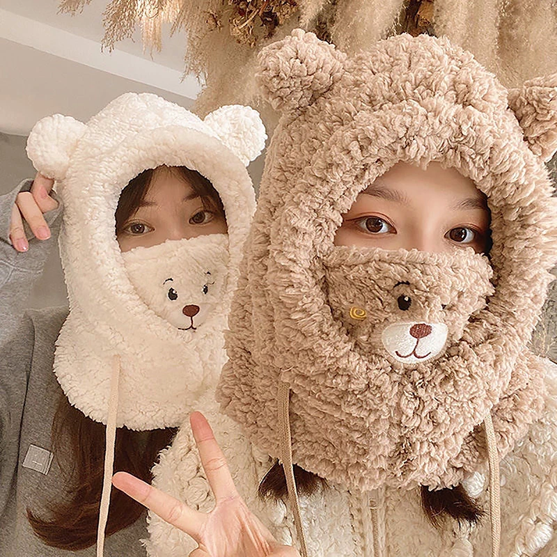 Women Cute Bear Ear Beanies Hat Kawaii Winter Warm Thick Fleece Bobble Hat Fluffy Fuzzy Hats Scarf Caps