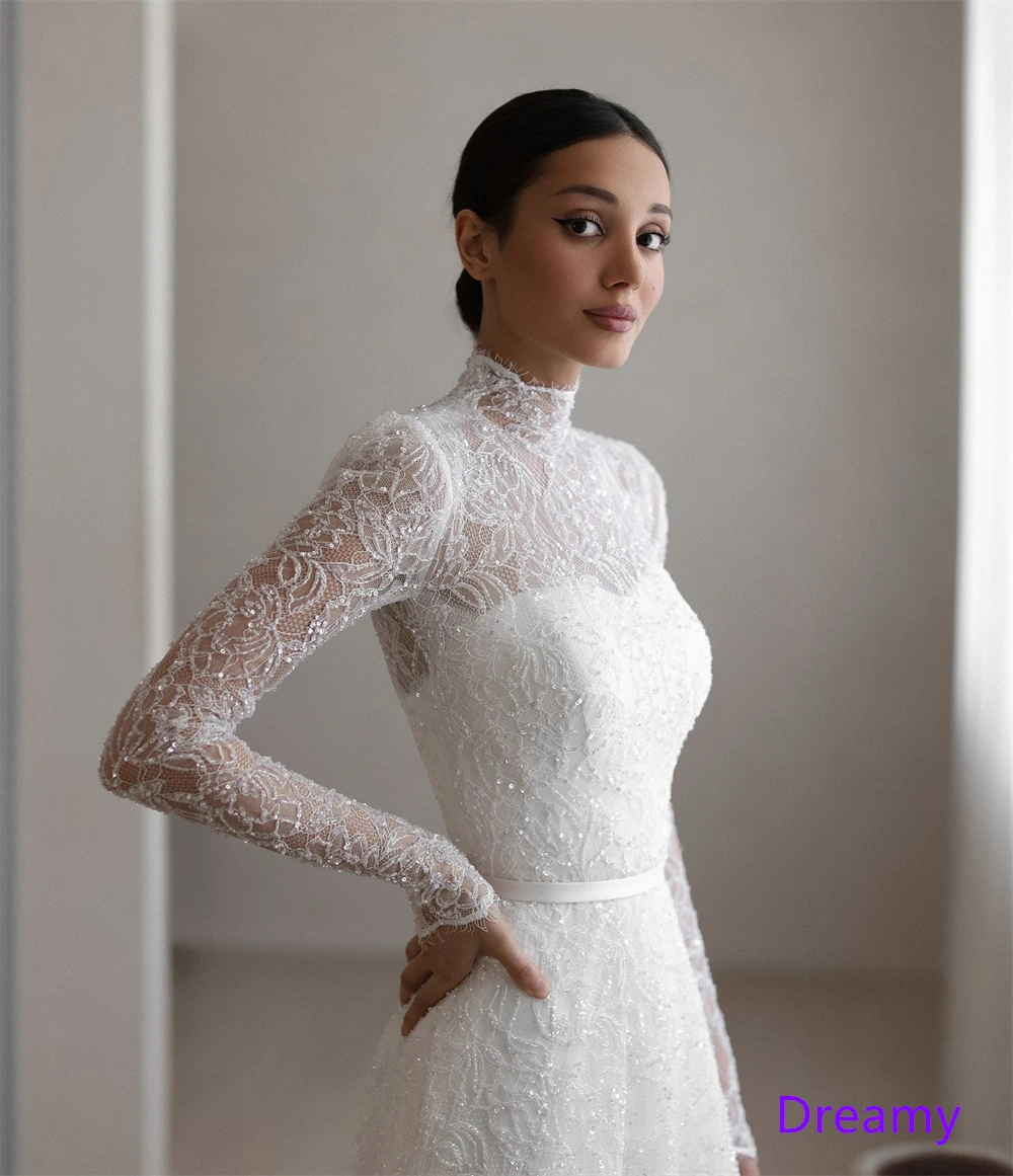 Robe de soirée en dentelle blanche, personnalisée, exquise, col haut, manches longues, robes d'occasion sur mesure, robe de mariée de haute qualité