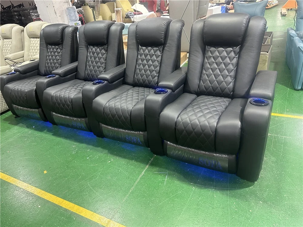 Popular design real leather luxury theater chairs home use black theater sofa movie cinema seats with recliners