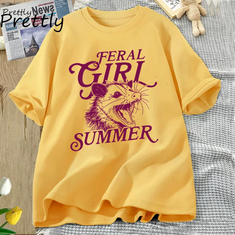 Feral Girl Summer Opossum T-shirts Women Casucal Cotton Short Sleeve Tshirt Funny Animal Graphic T-shirts Unisex Womans Clothing