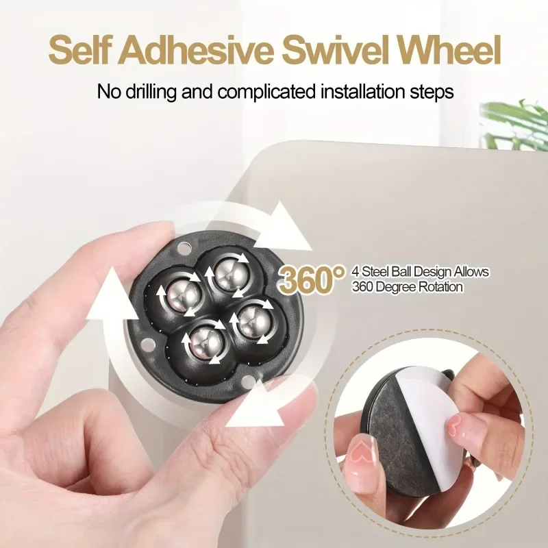 4PCS Non Punching Adhesive Furniture Ball Universal Pulley Household Mobile Base Accessories Trash Can Bottom Small Wheel