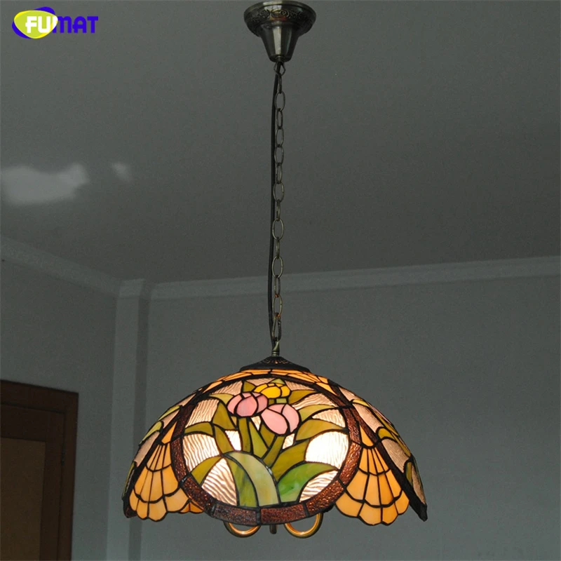 FUAMT Tiffany Glass Pendant Lamps Pastoral Tulip Flowers Stained Glass Light For Living Room Dining Room Home Decor Lamps