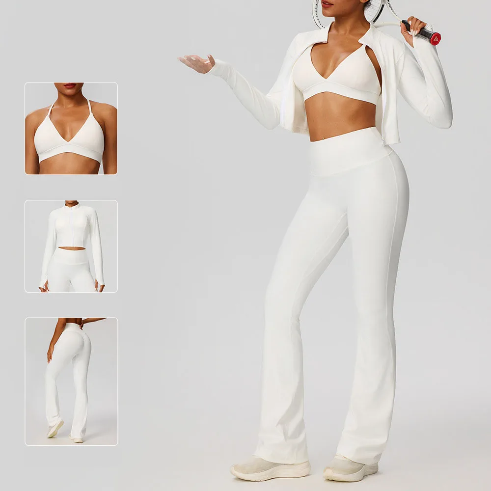 New Women Sports 3PCS Set Breathable Naked Feel Yoga Bra Coat Pants Suit Casual Fitness Workout Tracksuit Outdoor Sportswear