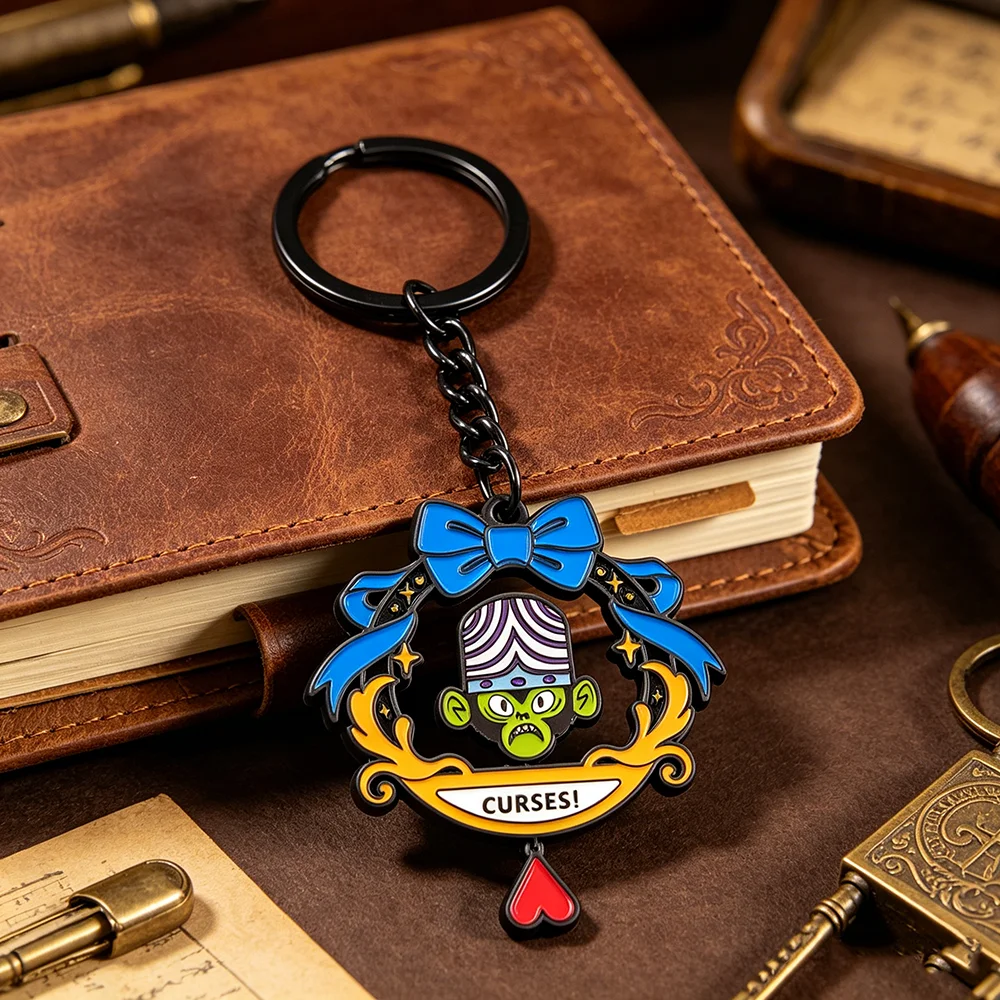 Funny Mojo Jojo Rotating Keychain Double Sided Spinning Keyring Kawaii Villain Figure Metal Pendant Bag Decor Fans Gift