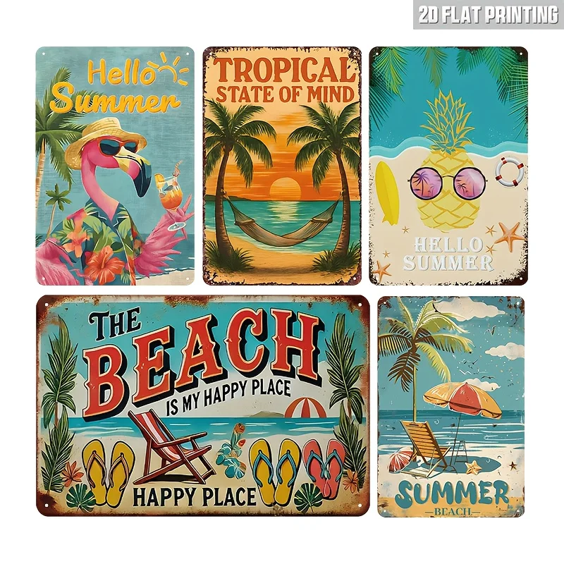 2D Flat - Vintage Summer Beach Metal Sign Set, Total 5pcs, Each Piece 20.32 X 30.48 cm, Designed for Easy Hanging in Backyard, B