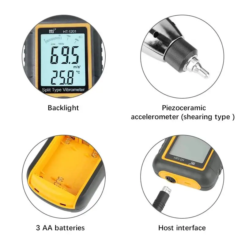 HTI HT-1201 Portable LCD Vibration Analyzer Tester Meter Vibrometer Gauge 0.1-199.9m/s Digital Split Type Vibrometer