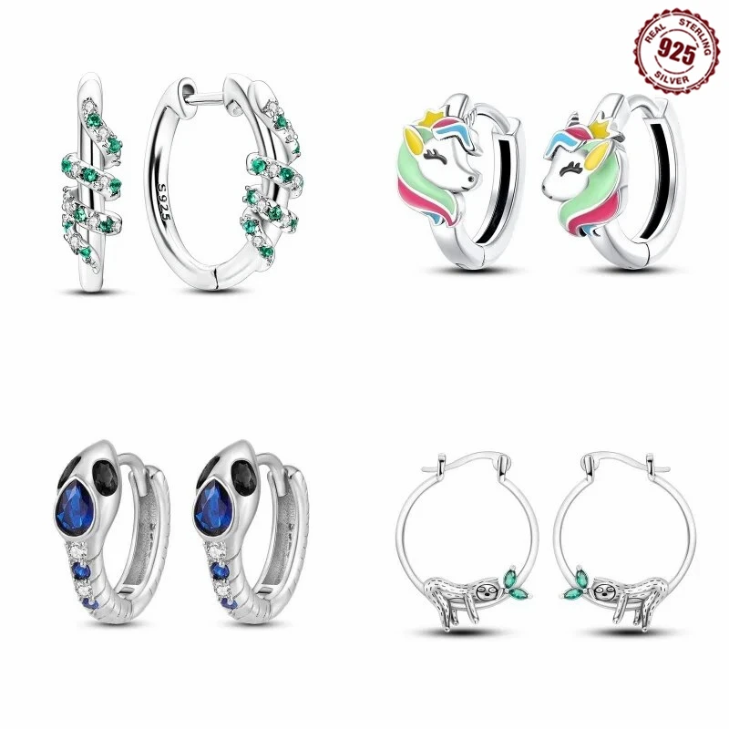 2024 NEW Style 925 Sterling Silver Animal Colorful Snake Horse Bradypod Double Hoop Earrings For Lady Gifts Fine Jewelry