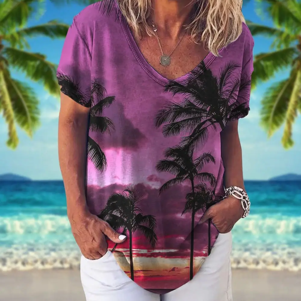 Zomer Vrouwen T-shirt Hawaiian Shirt Kokospalm Patroon V-hals Korte Mouw Tops Vakantie Kleding 5xl Meisjes Tee Dames Kleding