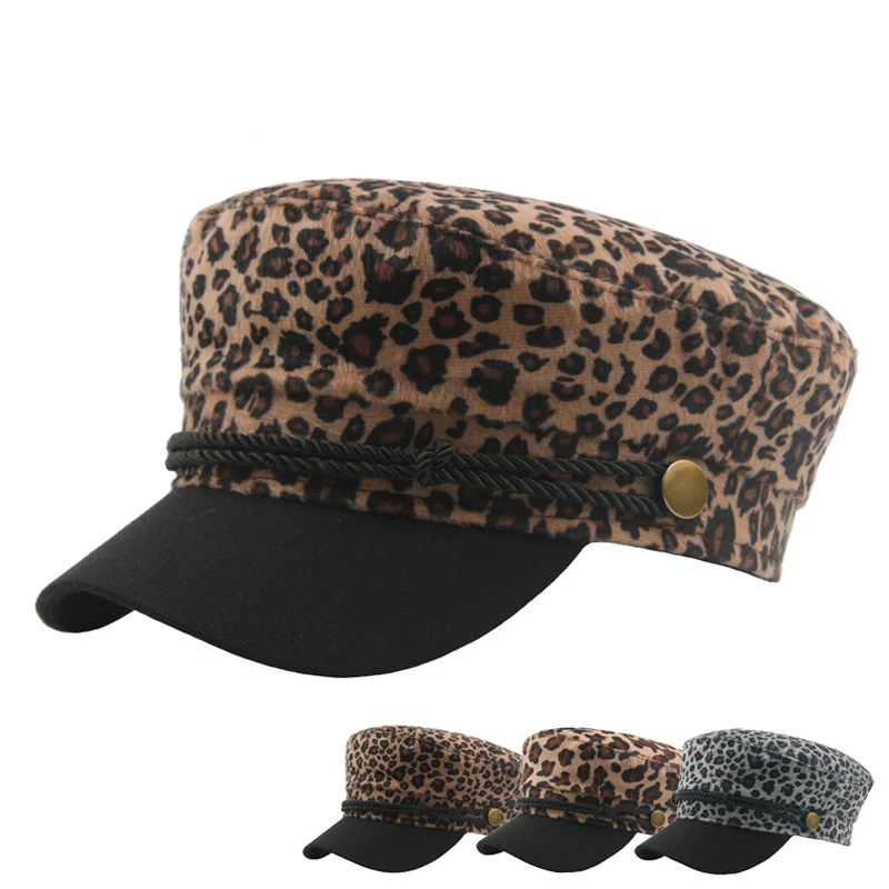 

Korean Ins Leopard Print Peaked Cap Beret Female Autumn Winter Retro Flat Top Navy Hat Japanese Street Gorros Sombreros De Mujer