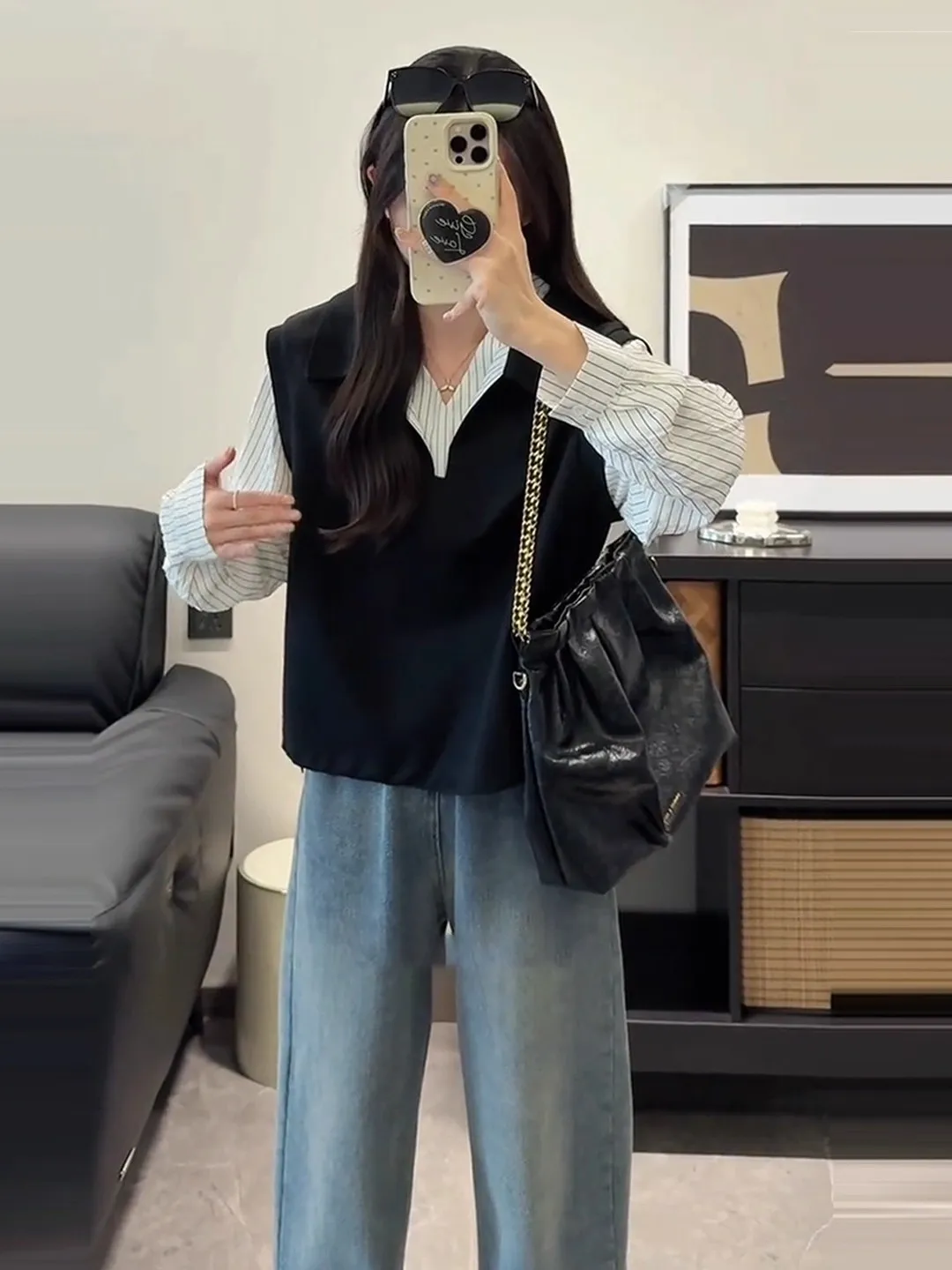 

plus Size Color Block Sweatshirt Women's Spring Fashion plus Size Slimming Design Shirt Panel Top Straight Cut Long Sleeve