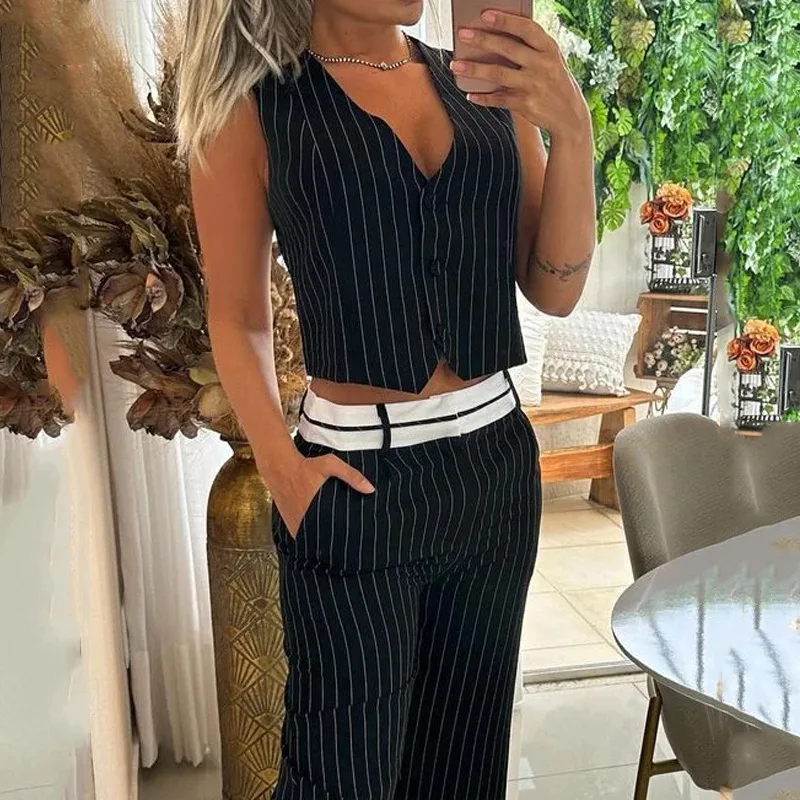 Pant Sets Tracksuit Striped Sleeveless Vest Two Pieces Wide Leg Pants Women Ankle Length Summer 2024 Pockets High Street